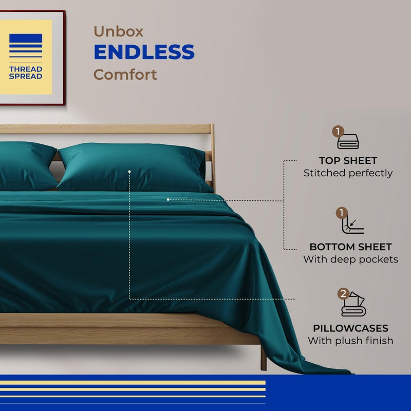 THREAD SPREAD 100% Egyptian Cotton Sheets Queen Size Bed Set - 4 PC 800 High Thread Count Egyptian Cotton Queen Sheet Set (Teal), Soft, Cooling, 16" Deep Pocket Sateen Weave Luxury Hotel Bedsheet - Image 3